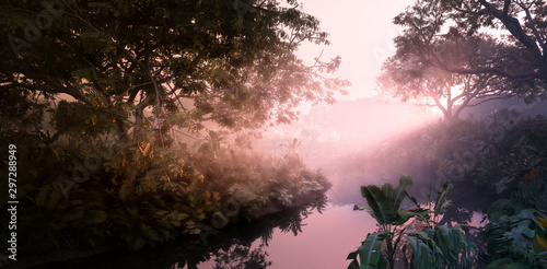 Fototapeta Naklejka Na Ścianę i Meble -  Fantasy evening sunset in jungle paradise. Dense rainforest vegetation, calm pond in misty volumetric light. 3d rendering.