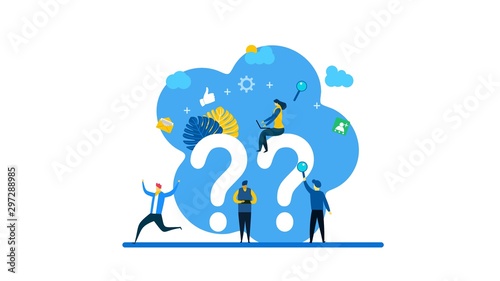 FAQ and QnA.people asking to online support center with Tiny People Character Concept Vector Illustration, Suitable For web landing page,Wallpaper, Background, Card, banner,Book Illustration