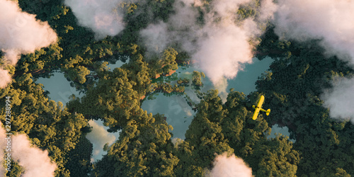 Fototapeta Naklejka Na Ścianę i Meble -  Sustainable habitat world concept. Distant aerial view of a dense rainforest vegetation with lakes in a shape of world continents, clouds and one small yellow airplane. 3d rendering.