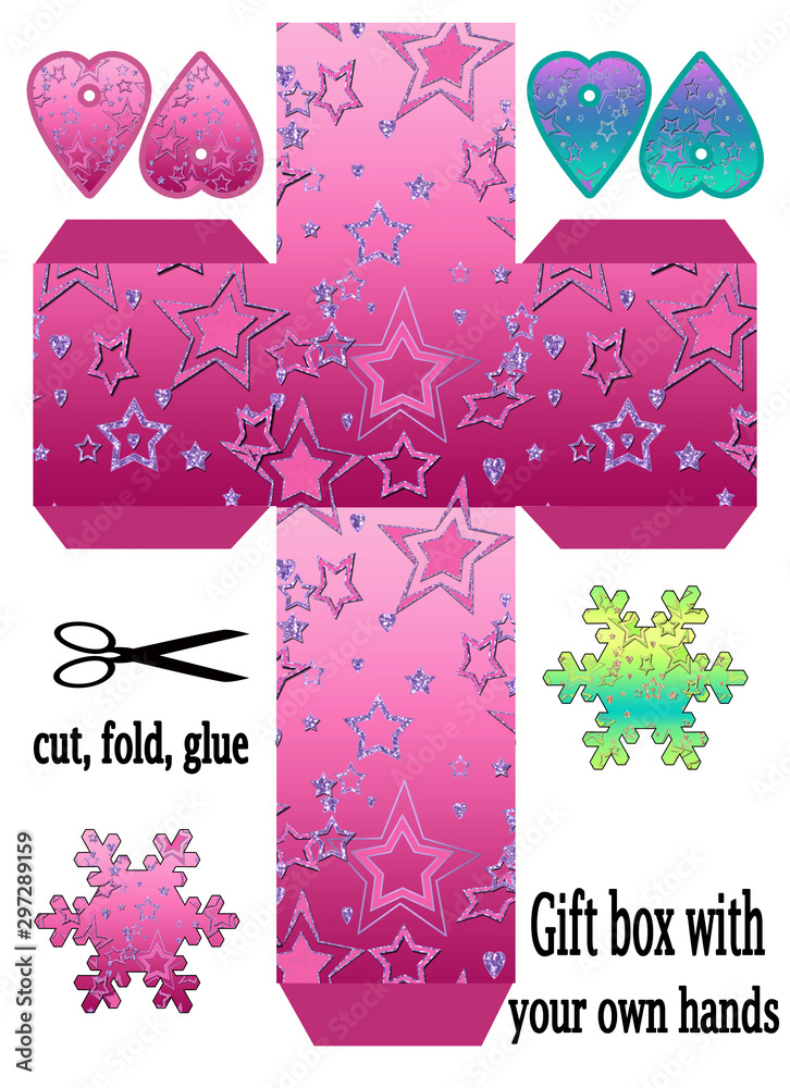 Favor printable template box packing, print and cut, glitter stars ...