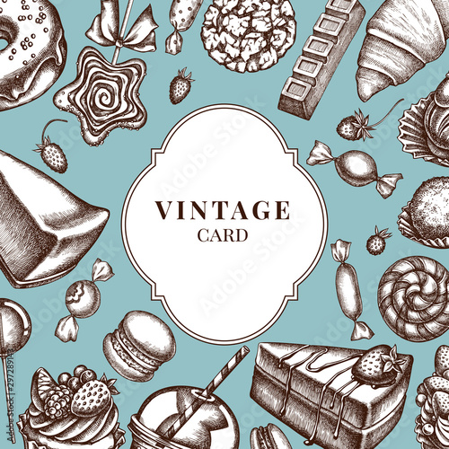 Badge over design with cinnamon, macaron, lollipop, bar, candies, oranges, buns and bread, croissants and bread, strawberry, milk boxes, smoothie cup, lollipop, smothie jars, cheesecake, eclair