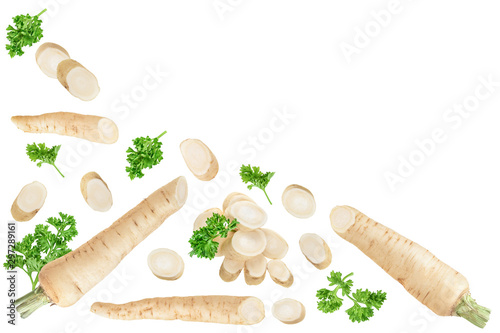 Parsley root with slices and leaves isolated on white background with copy space for your text. Top view. Flat lay