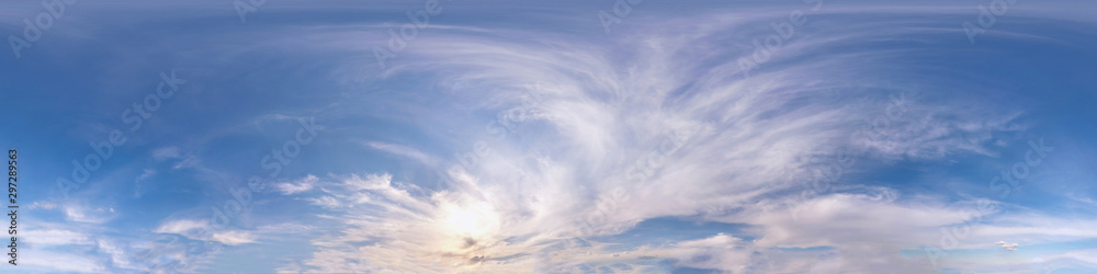 Seamless cloudy blue evening sky hdri panorama 360 degrees angle view before sunset with zenith and beautiful clouds in equirectangular projection for use in 3d graphics as sky dome or edit drone shot