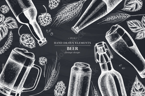 Floral design with chalk rye, hop, mug of beer, bottles of beer, aluminum can