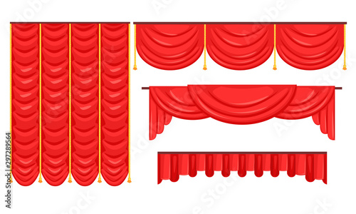Red Curtains Set, Luxury Interior Drapery, Cornice Decor, Textile Lambrequin Vector Illustration