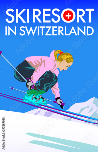 Poster for ski resort in Switzerland. Cartoon style girl character in mountain. Vector illustration.