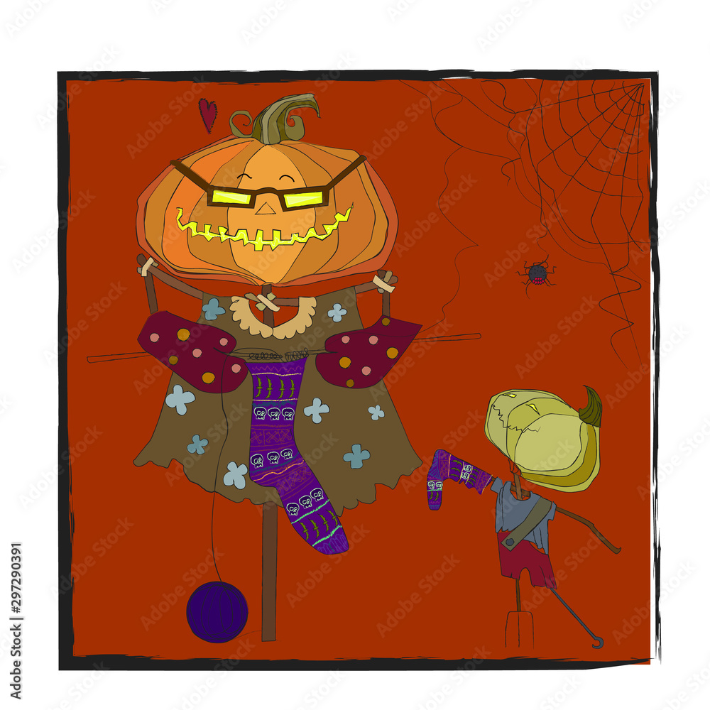 Fototapeta premium Halloween holiday. cute pumpkin character. grandmother pumpkin knits a sock to her grandson