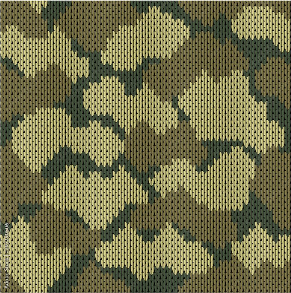 Fototapeta premium Military decorative khaki camouflage. Woolen knitted pattern. Abstract background. Greeting card. Vector illustration
