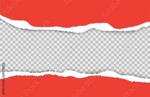 Ripped paper. Torn red paper sheets vector set. Vector ripped sheets isolated on transparent background. Christmas background. Ripped page edge, paper torn sheet texture illustration