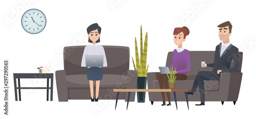Waiting people. Man and women waiting room. Vector businesspeople characters. Illustration man and woman sitting and waiting in queue
