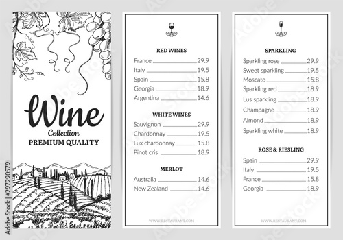 Wine menu. Wine card template. Vector grape sketch, drink menu template. Illustration wine menu restaurant, vintage sketch drawn poster