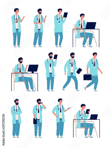 Doctor male. Healthcare medical person at work manager man vector characters in action poses. Doctor man, medical profession male illustration