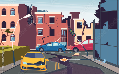 Damaged urban landscape. Nature cataclysm city destroyed quake urbanization problems cracked ground roads vector picture. After earthquake city, destruction building and road illustration