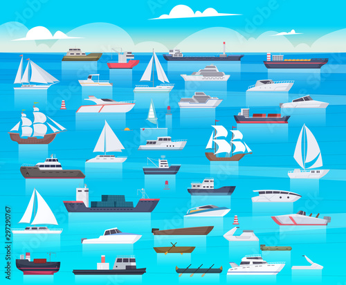 Ship in sea. Sailing boats and passenger cruise ship travel in ocean cargo submarine and yacht vector background cartoon. Transport boat and tanker, shipping transportation raid sea illustration