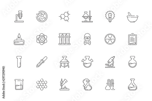 Science icons. Chemistry test tubes beakers biology lab chemical equipment toxic objects vector set. Medical scientific lab icon for research and experiment illustration