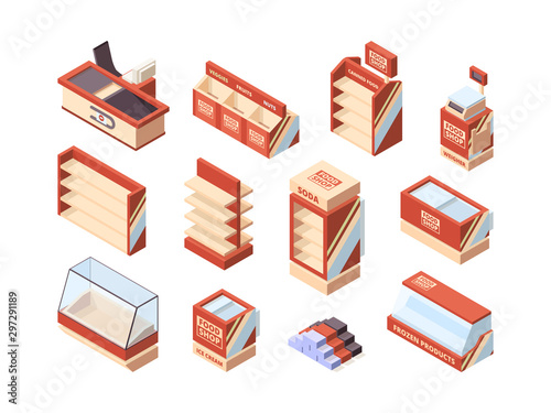 Grocery store furniture. Checkout tables shelves shopping carts fridges supermarket isometric items vector. Illustration furniture supermarket interior, equipment freezer and fridge
