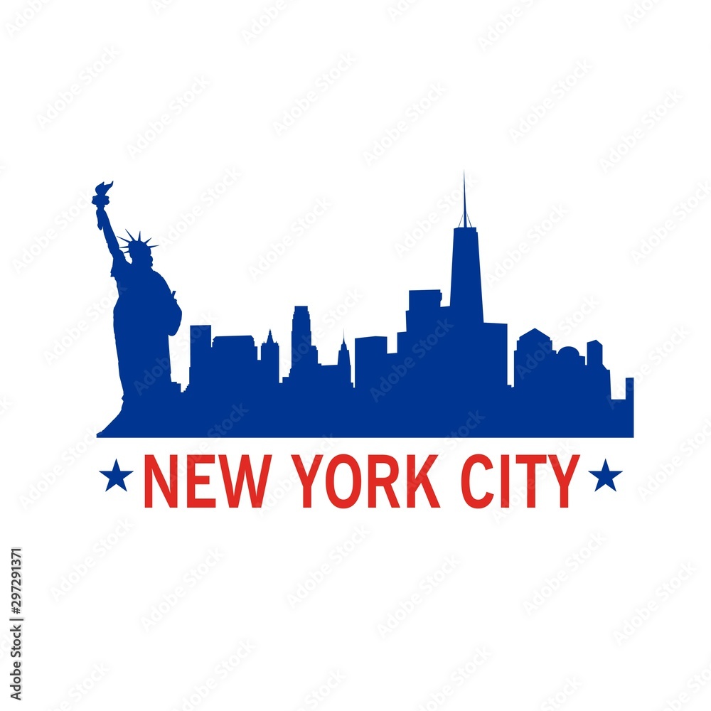 New York City vector illustration with city  silhouette and statue of liberty. T- shirt print