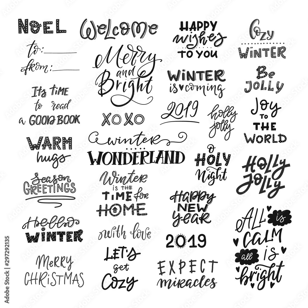 Fototapeta premium Vector winter lettering. Hand drawn phrase and quotes