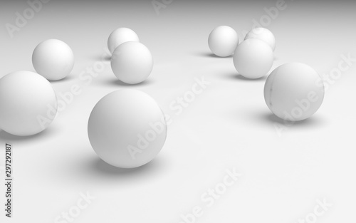 White abstract background. Set of white balls isolated on white backdrop. 3D illustration