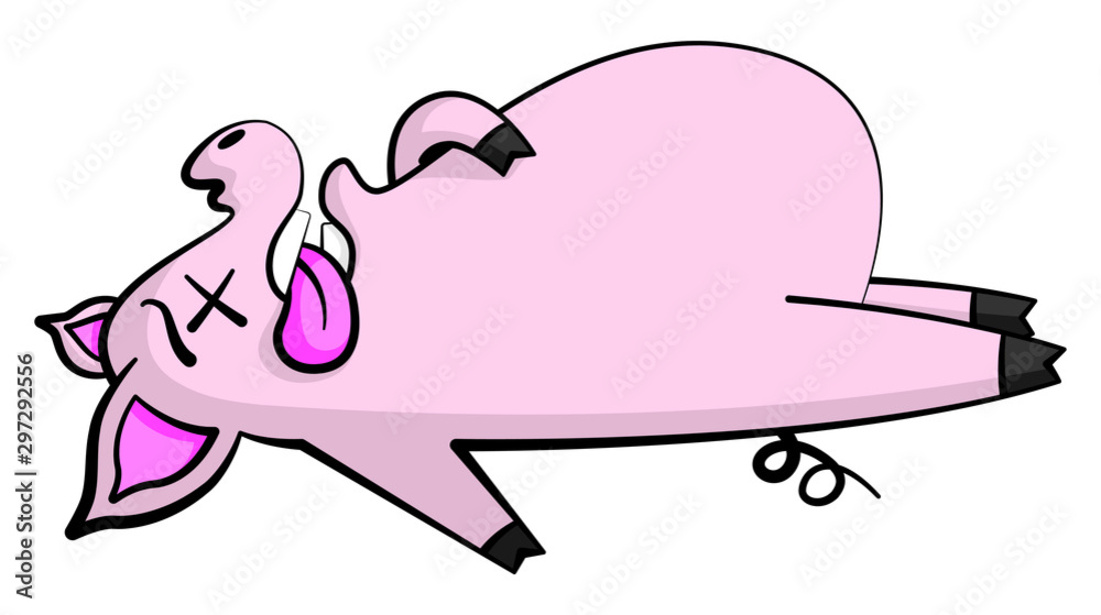 Cartoon style illustration of a cute, dead pig character lying flat on