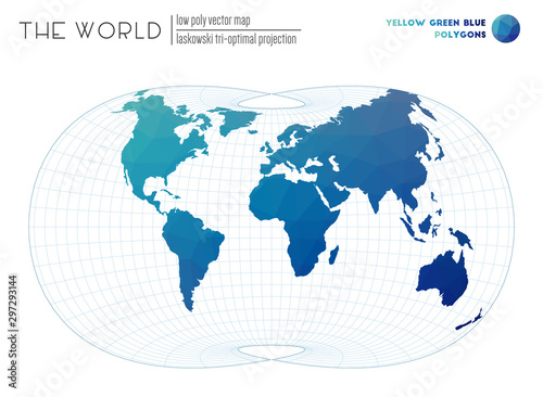 Abstract geometric world map. Laskowski tri-optimal projection of the world. Yellow Green Blue colored polygons. Neat vector illustration.