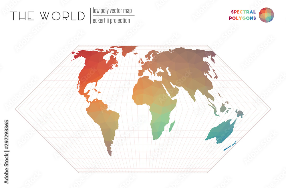 World map with vibrant triangles. Eckert II projection of the world. Spectral colored polygons. Trending vector illustration.