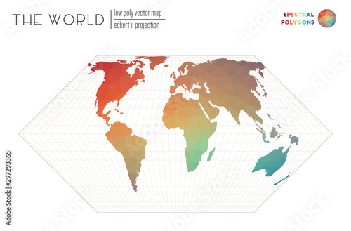 World map with vibrant triangles. Eckert II projection of the world. Spectral colored polygons. Trending vector illustration.
