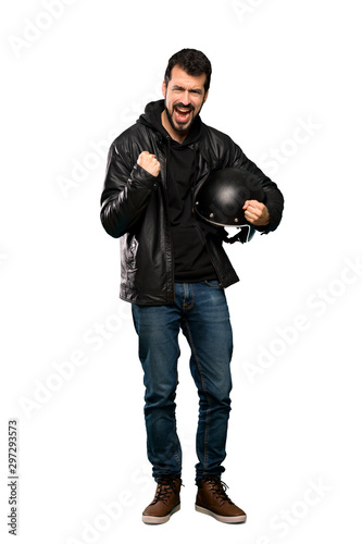 Full-length shot of Biker man frustrated by a bad situation over isolated white background