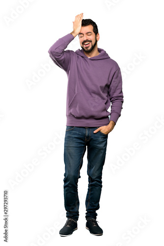 Full-length shot of Handsome man with sweatshirt has realized something and intending the solution over isolated white background