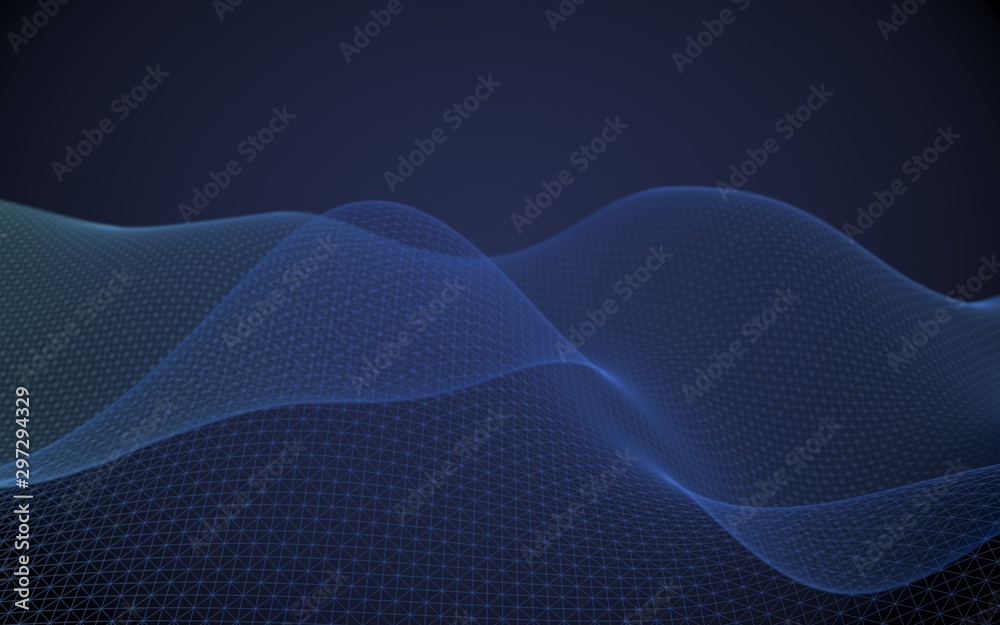 Abstract landscape on a blue background. Cyberspace grid. hi tech network. 3d technology illustration. Depth of field. 3D illustration Abstract landscape on a blue background. Cyberspace grid. hi tech network. 3d technology illustration. Depth of field. 3D illustration