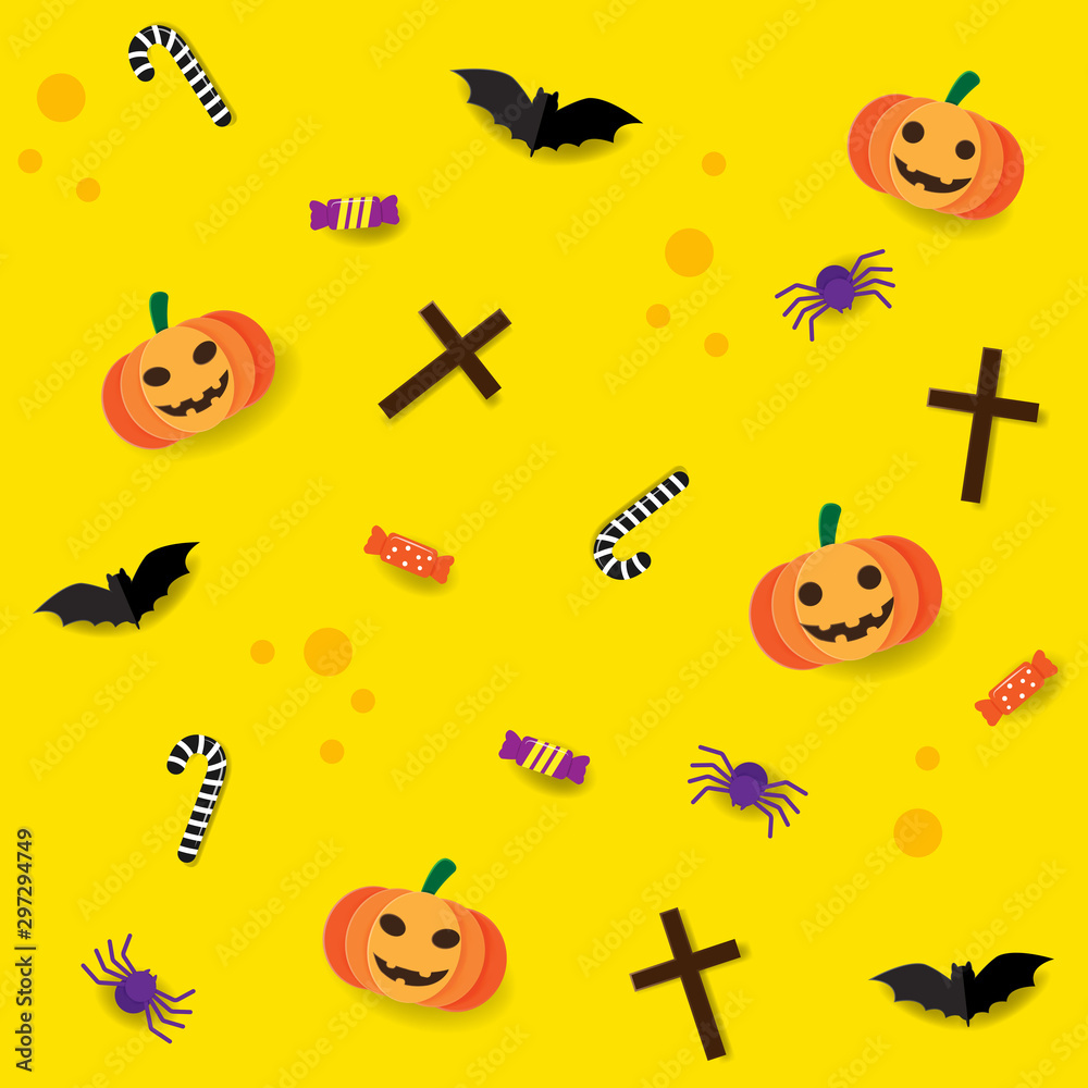 Halloween seamless pattern with orange halloween pumpkin, candy, bat, spider and cross paper cut style on yellow background