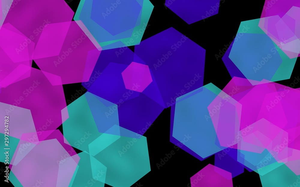 Multicolored translucent hexagons on dark background. Pink tones. 3D illustration Multicolored translucent hexagons on dark background. Pink tones. 3D illustration