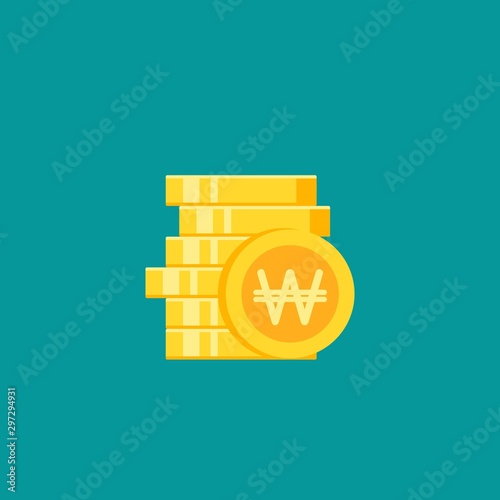 Stack of golden korean won coins. Flat gold icon. Isolated on blue.