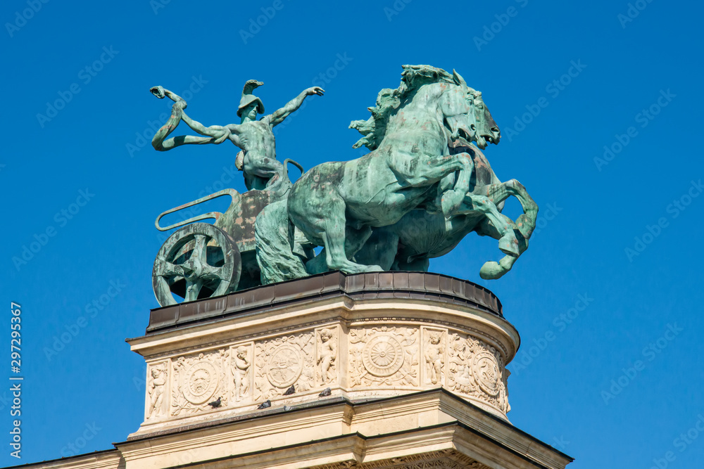 Budapest, Hungary - October 01, 2019: Statue Chariot of Heroes at Hero's Square in Budapest