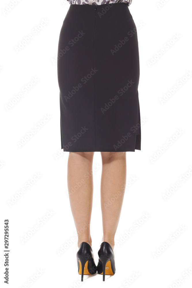 formal official black skirt with belt cut close up photo on model in hith heels formal official black skirt with belt cut close up photo on model in hith heels