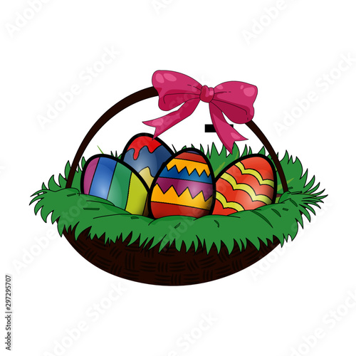 Basket With Colorful Easter Eggs - Vector Image