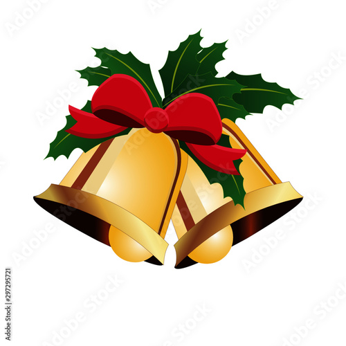 Christmas Bells with Mistletoe and Bow - Vector Image