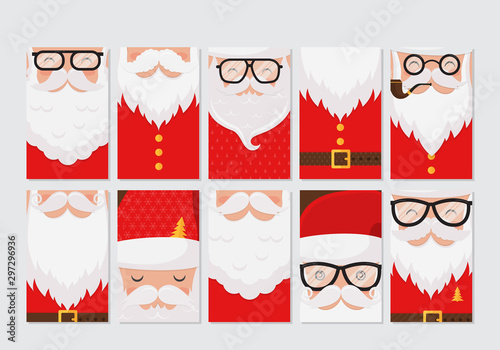 Vector Merry Christmas and Happy New Year greeting card set with cute santa claus