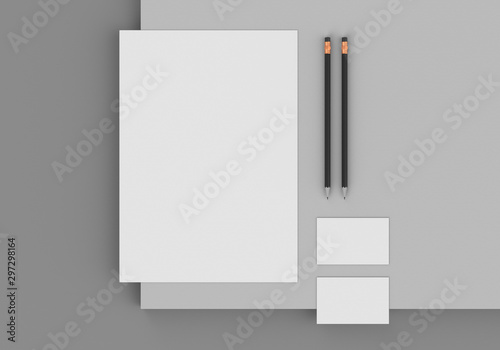 Base stationery mockup template for branding identity on gray background for graphic designers presentations and portfolios. 3D rendering.