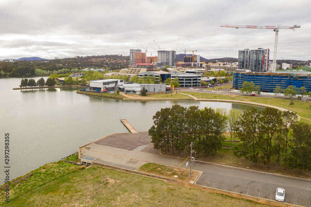 Aerial view of Belconnen town centre and Lake Ginninderra on a cloudy day in Canberra, the capital of Australia      