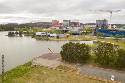 Aerial view of Belconnen town centre and Lake Ginninderra on a cloudy day in Canberra  the capital of Australia      