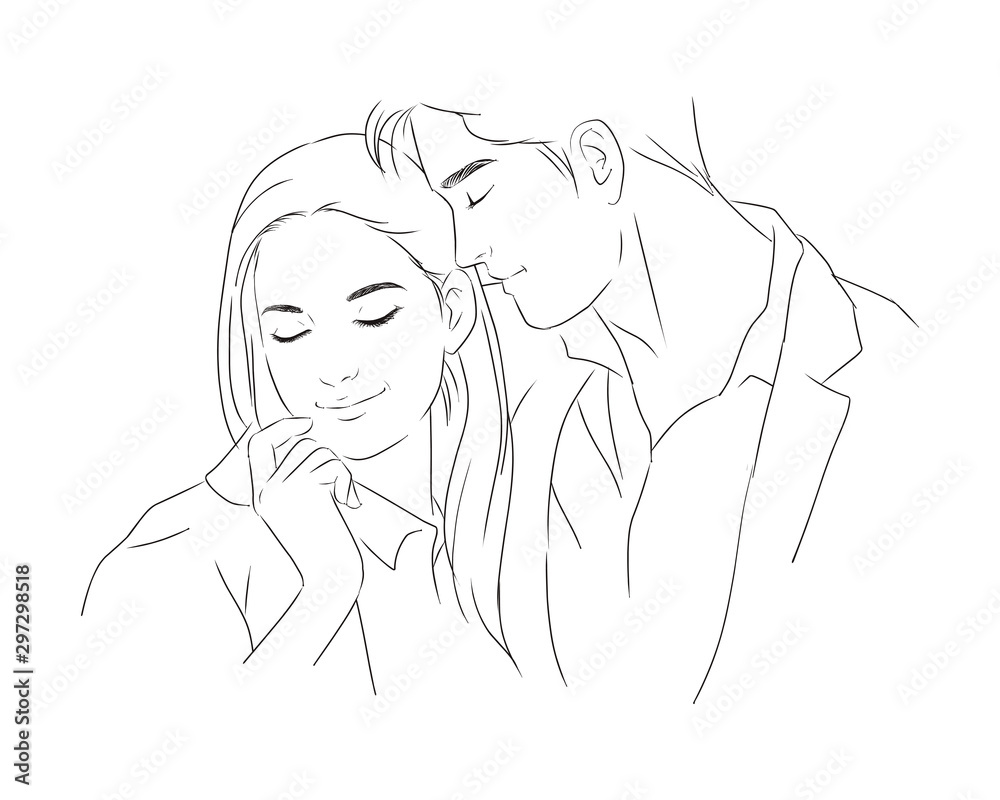 Young love couple. woman hugging man with tender love expression. line