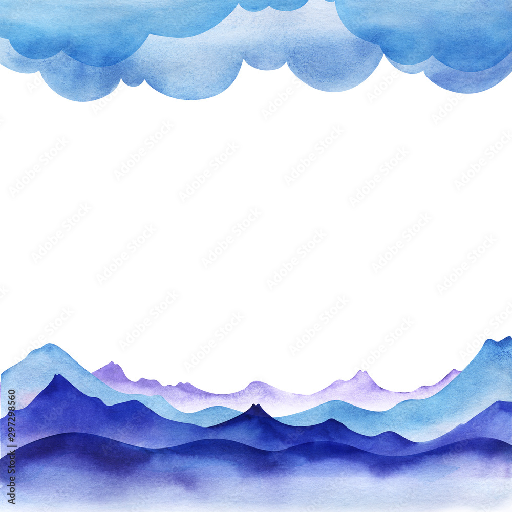 Page Design Template. Cartoon sky of blue cumulus clouds. Illustration. Blue valley with mountain ranges. Collage of gradient fill. Layout with upper and lower borders. Hand drawn isolated on white