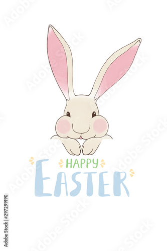 Easter card template with rabbit and lettering. Cute greetings in pastel colors on white background © Julia