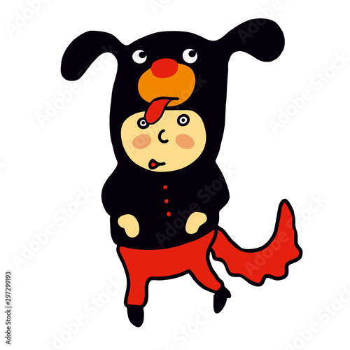 Children in Christmas costumes. A boy in a dog costume. Cheerful children celebrate Christmas and winter holidays. Christmas. Cartoon New Year's holiday costume.