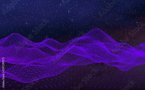 Abstract ultraviolet landscape on a dark background. Purple cyberspace grid. hi tech network. Outer space. Violet starry outer space texture. 3D illustration