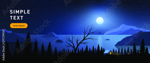 Night landscape with a full moon, sea, mountains in a simple flat style.