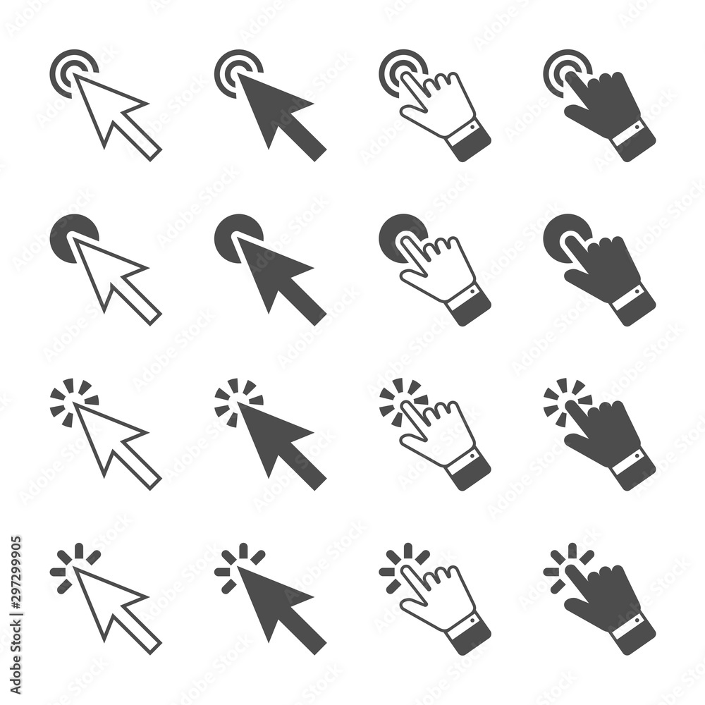 Pointer click icon set. hand clicks. arrows or hands cursors tools Pointer click icon set. hand clicks. arrows or hands cursors tools