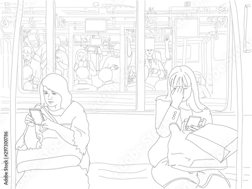 Hand drawn illustration. People ride a subway, with another subway car behind.