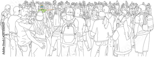 Hand drawn illustration. A crowd of people gather in a circle to see a street performer.